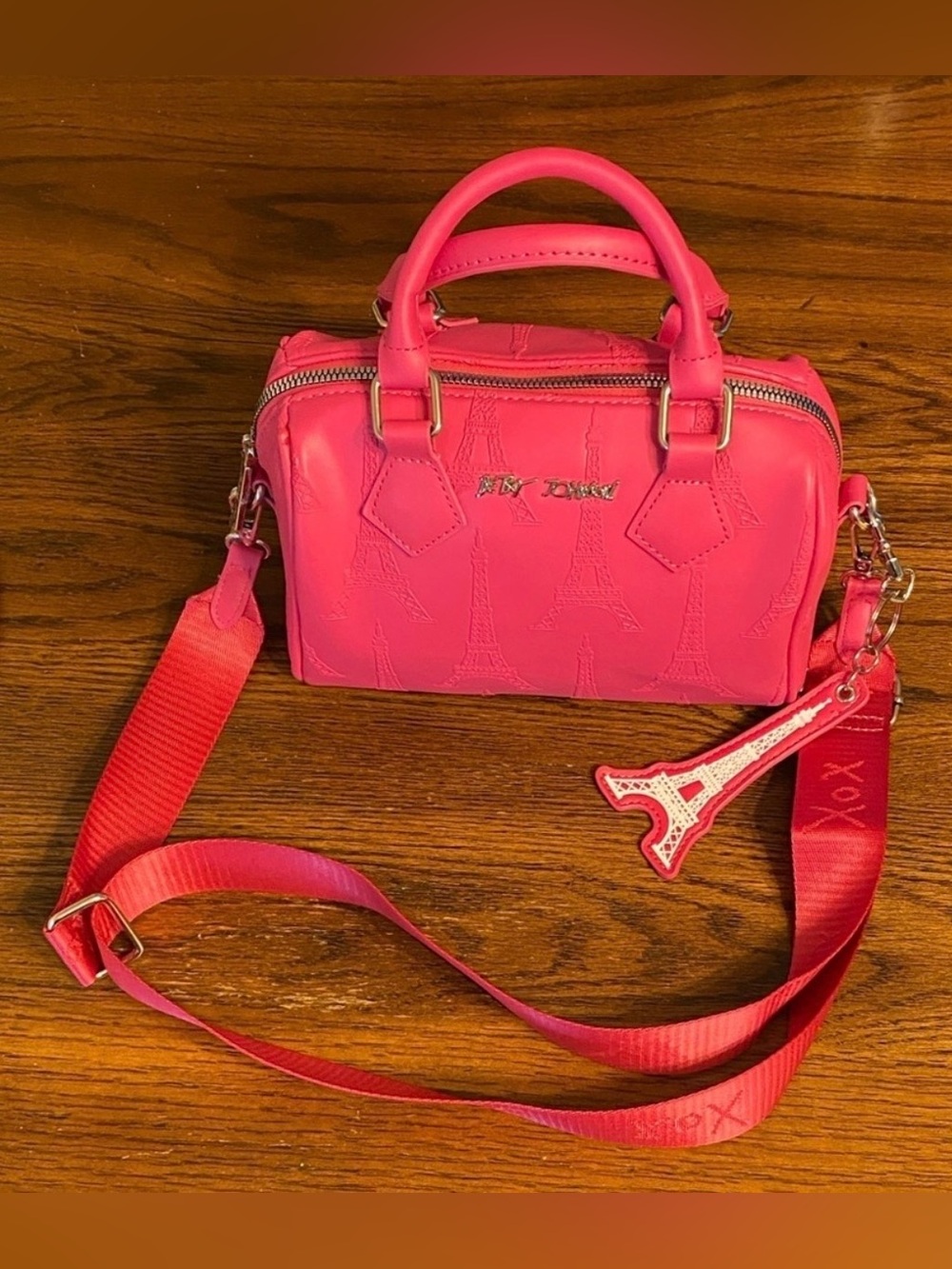 Betsey Johnson Pink Mini Duffel Crossbody Bag Eiffel Tower Paris Barrel Purse